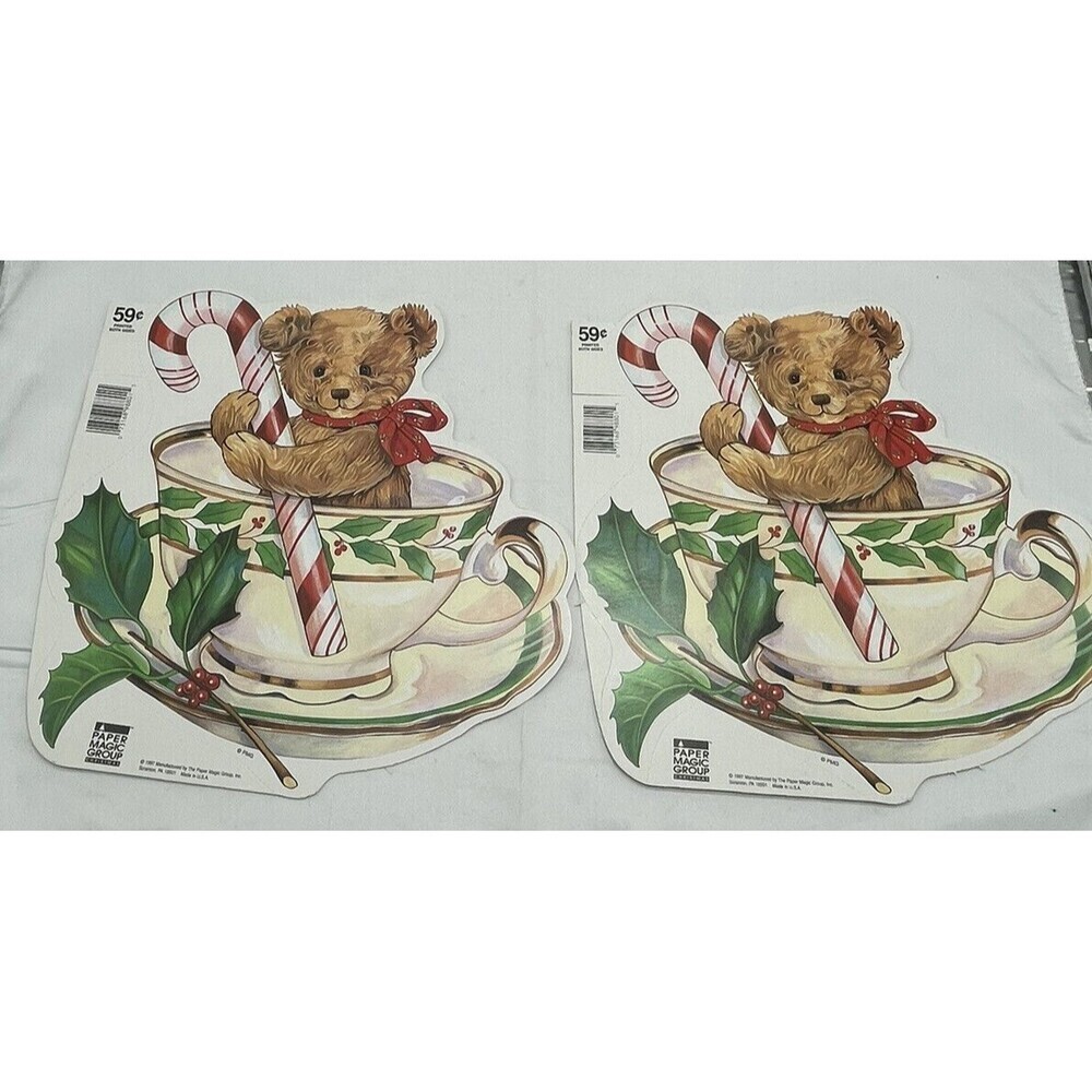 Vintage 2 Paper Magic Group Candy Cane Bear In Tea Cup Christmas Decoration 10”